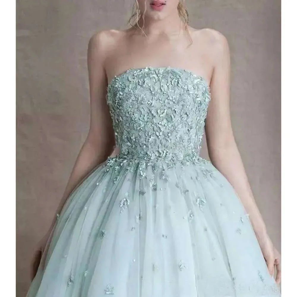 Strapless Sage Green Floor-Length Tulle Prom Dress with Floral Appliques  and Zipper Back from Dhgate Prom Dresses - price 262.47
