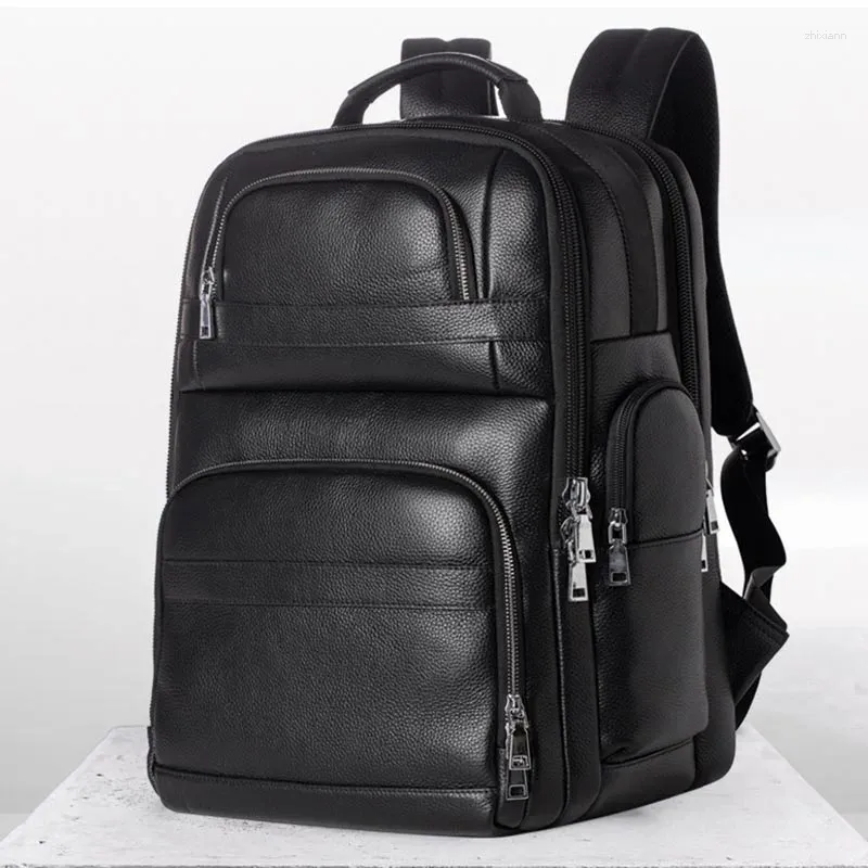 Sac à dos véritable cuir USB Charge des hommes Femmes imperméables Black Ordinal ordinaire de jour Étudiant sac à école Big Man Travel Rucksack