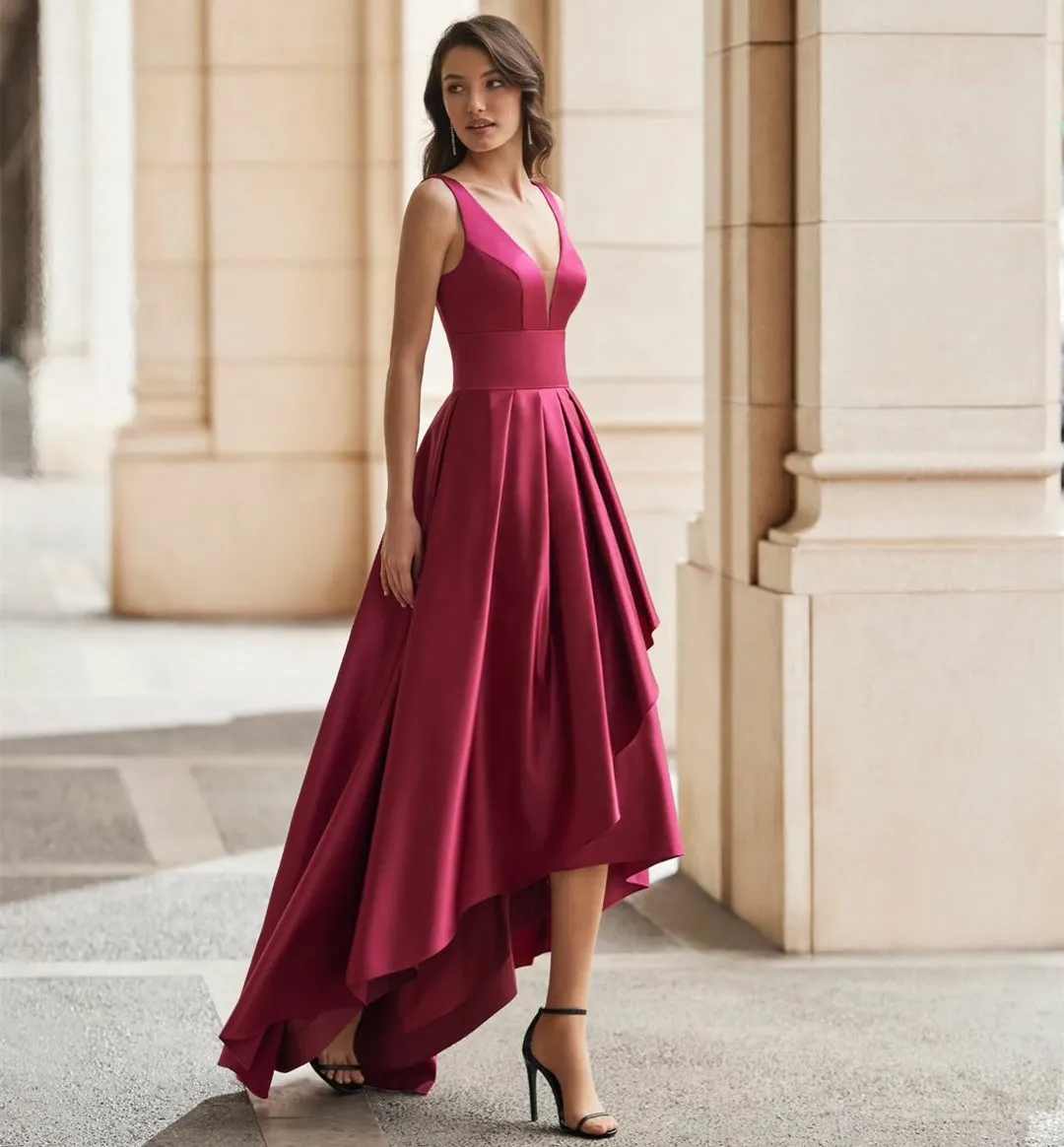 Elegant Hi Lo Satin Green Mother Of The Bride Dresses With Pockets A Line V Neck Pleated Asymmetrical Length Mom Of The Groom Dress Godmother Dress For Women From Dyy dress88 87.84