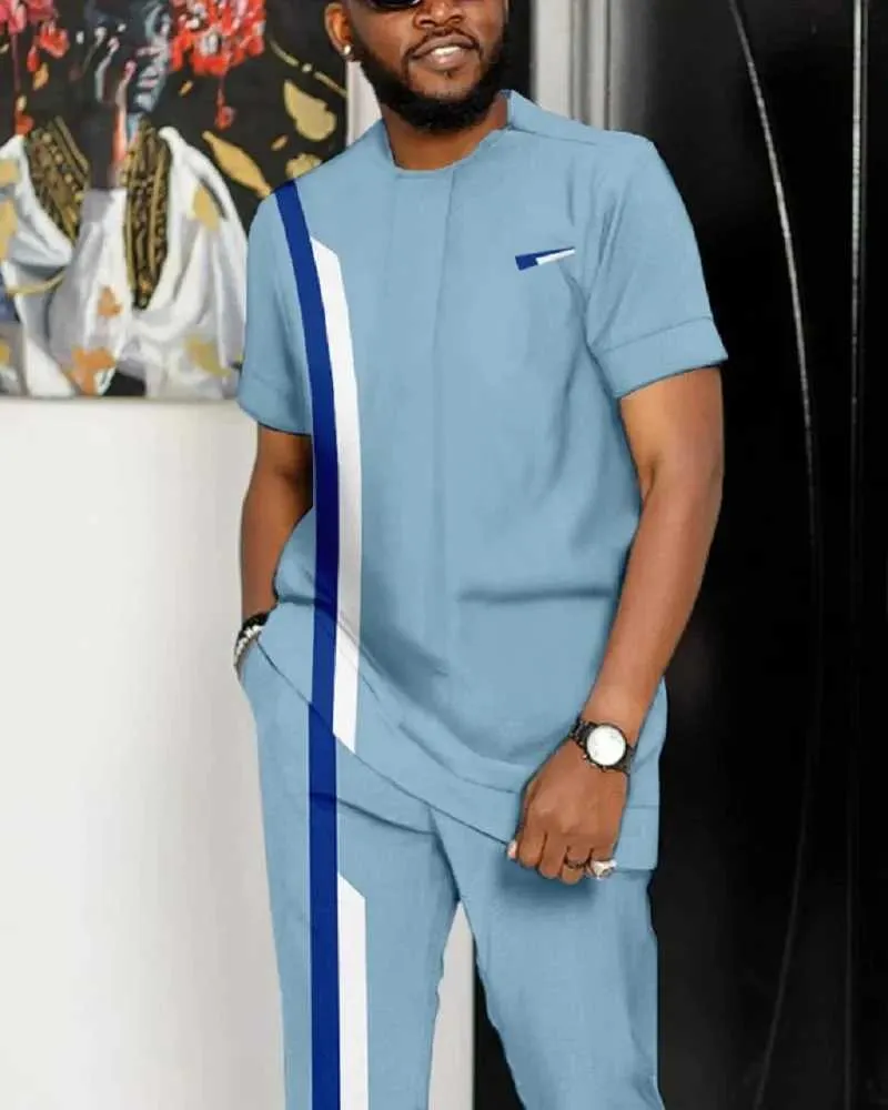 Herrspårar Summer Tracksuit Sets Overized Short Slve T Shirt Trousers Fashion Design African 2 Piece Men Passar Casual Blue Strtwear T240505
