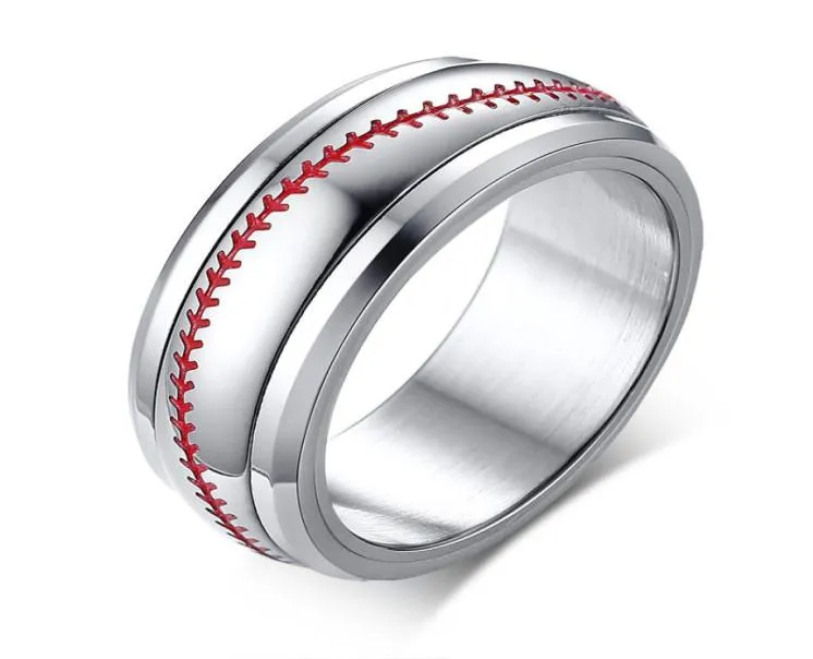 Gravura de 8mm Red Stiching Baseball Sport Spinner Rings em aço inoxidável9413729