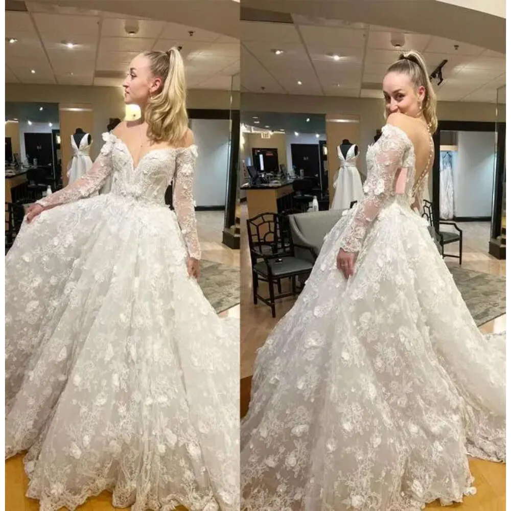 Sukienki 3D Boho suknia ślub w kwiatach nowożeńca koronkowa aplikna szafka szyja długie rękawy Ruche pliski zamiatanie linii linii wykonane na zamówienie vestido de novia