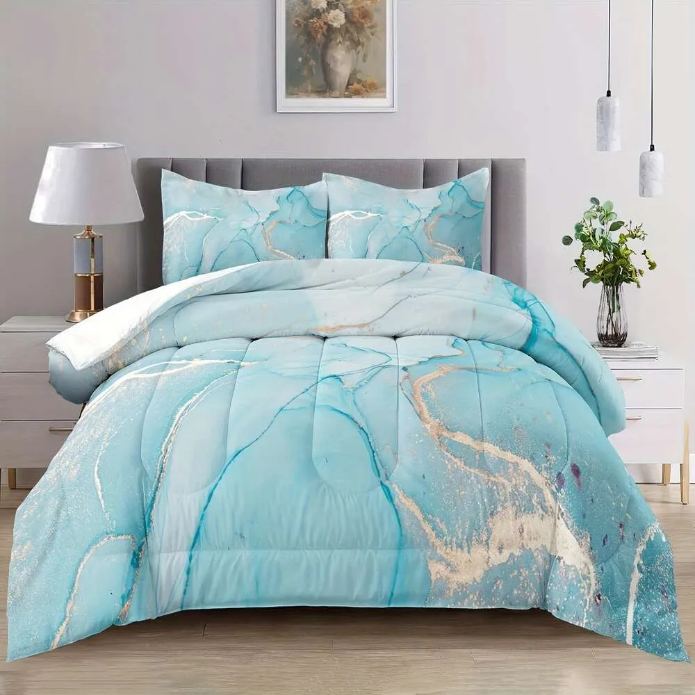 Däcke Cover Marble Full, Blue Set Quilt, Light Gold Set, Marble Set Full, Bedroom Comporter Blue Bedding Full Size (Inklusive täcke och kuddkärna)