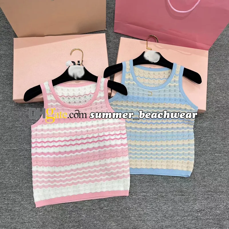Stylish Colorful Striped Knit Vest Cute Crew Neck Sleeveless Knit Tops Designer Rhinestones Logo Knitted Tanks Tees Ladies' Party Knitted Vest