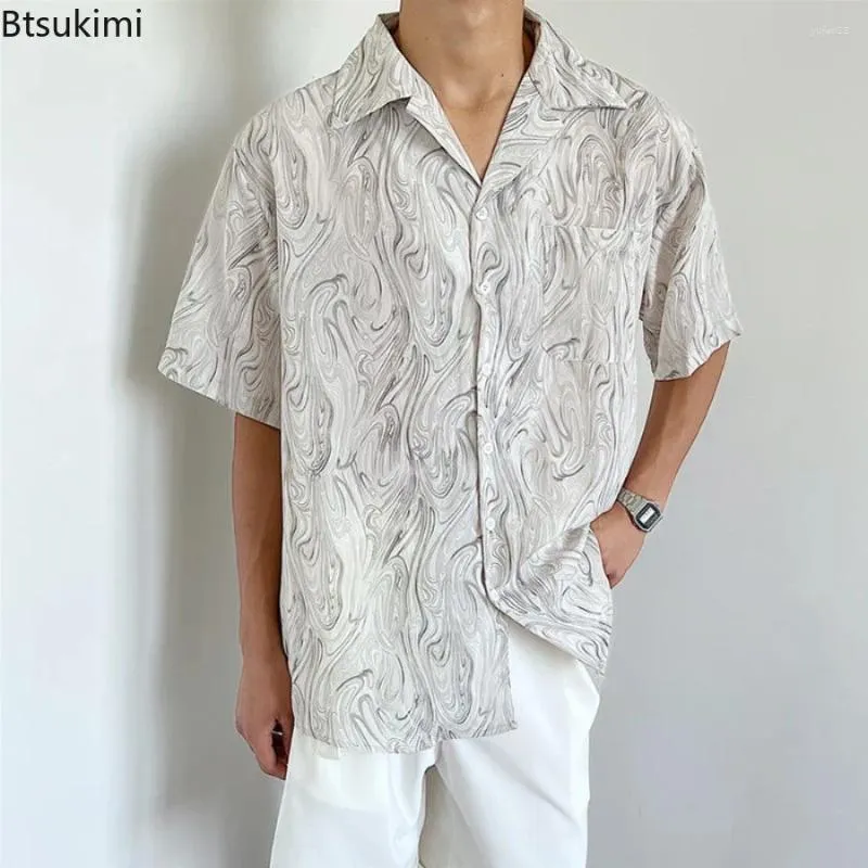 Herren lässige Hemden Trend Revers Short Sleeve Hemd für Männer Mode gedrucktes unregelmäßiges Muster Lose Strickjacke Vintage Beach Urlaubsbluse