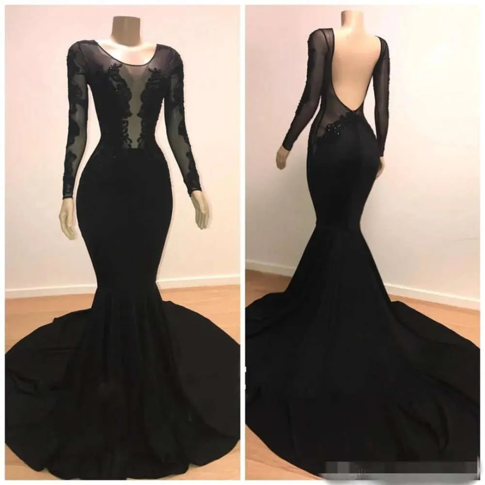 Prom mouwen zwarte jurken lange kanten applique illusie lijfje vegen trein sexy backless schep nek kralen plus size op maat gemaakte avondjurk