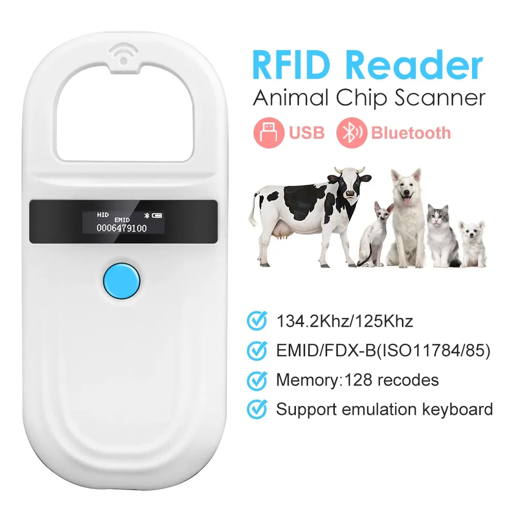 Card Handhell 134.2KHz 125khz Animal RFID Reader Pet Cat Dog Microchip Scanner FDXB Glass Chip USB/Bluetooth Tag Reader con tag