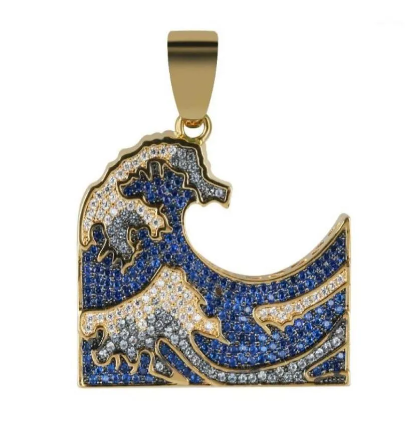 Colliers de pendentif La grande vague au large de Kanagawa Iced Out Collier Menswomen Colorful Zirconia Hip Hop Gold Color Charm Chains