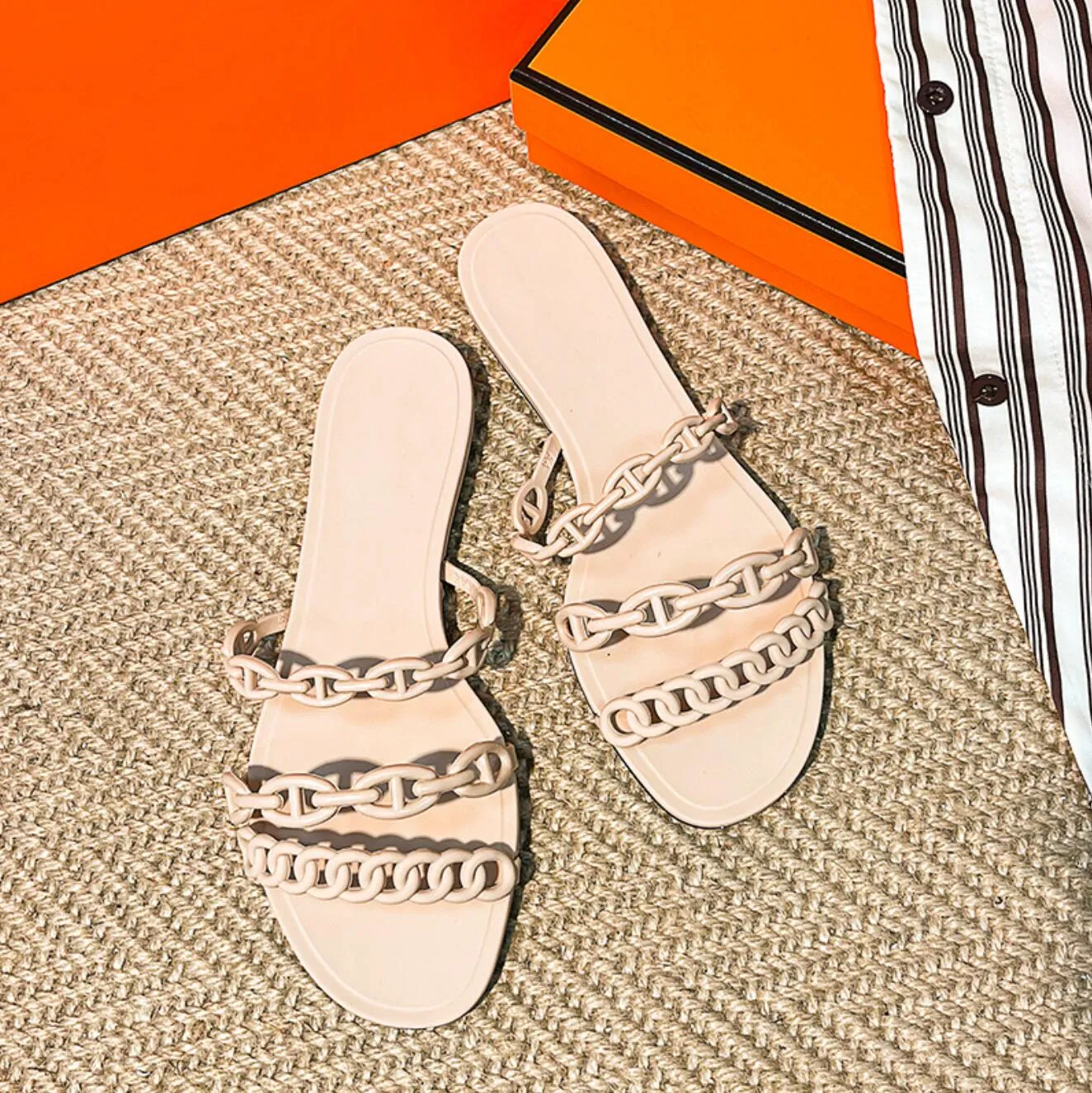 Designer chinelos sandálias de deslizamento Triple Chain Pig Nariz Praia Bottom Sandals H Sandals para mulheres PVC Plástico Sapatos de geléia 35-41