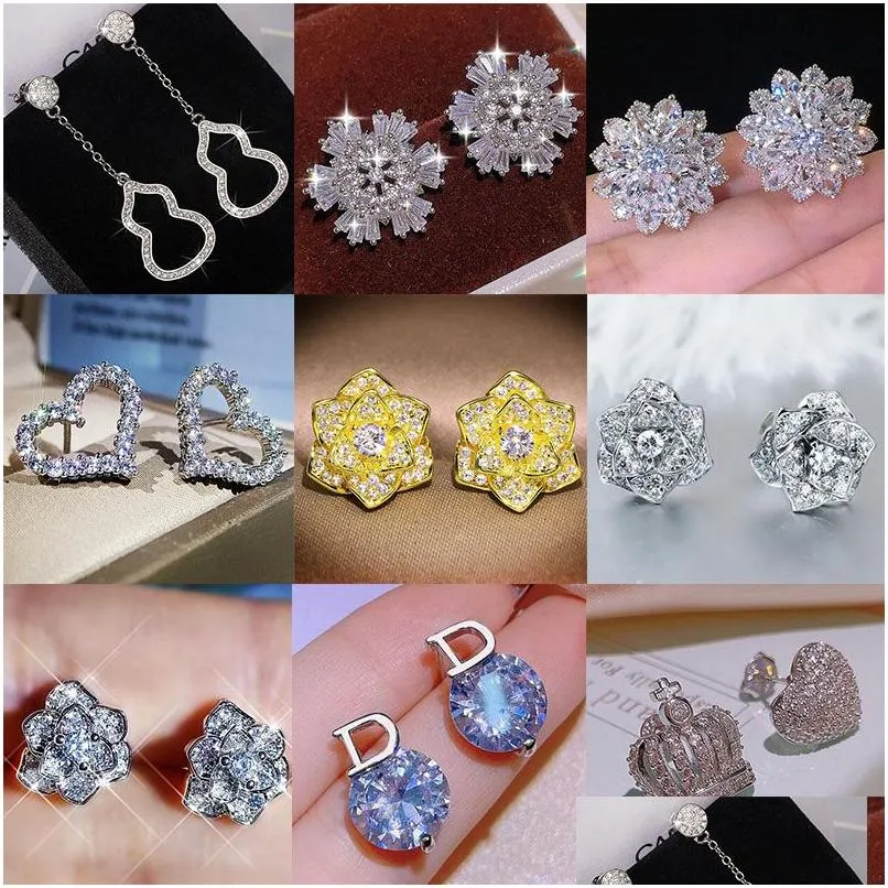 Stud 925 Sterling Sier Heart Love oorbellen voor vrouwen 18K Rose Gold Shining Elegant Crystal Diamond Ear Rings Letters Designer Earring Dhxqq