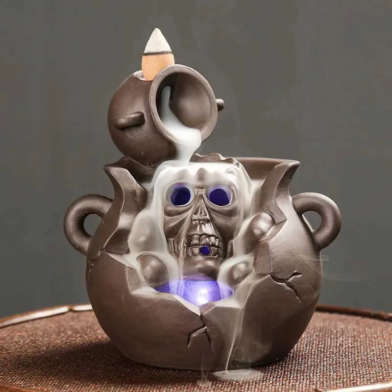 Ароматические лампы 1pc Purple Clay Backflow Backflow Burner Burner Ceramic Halloween Светодиодный дизайн черепа.