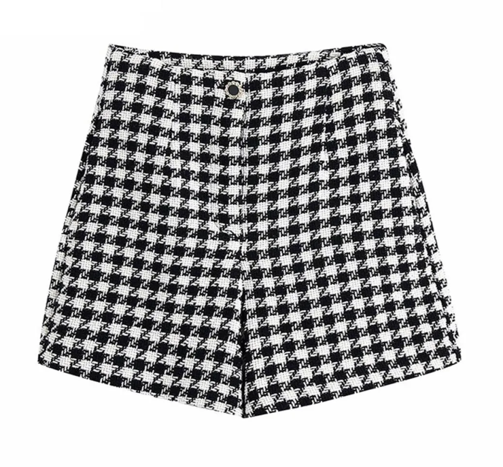 TRAF Mulher Moda Houndstooth Tweed Bermuda shorts vintage High Solping Zipper Fly Female Pants Short Mujer 2204011709319