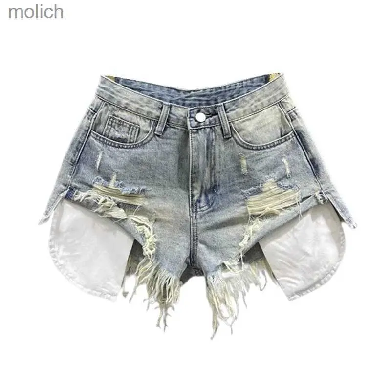 Shorts de mujeres Corea Retro Azul Retro Sexo Denim Jeans Womens Supling Trabajo de empalme A-Línea Denim de cintura alta Ultra Short WX