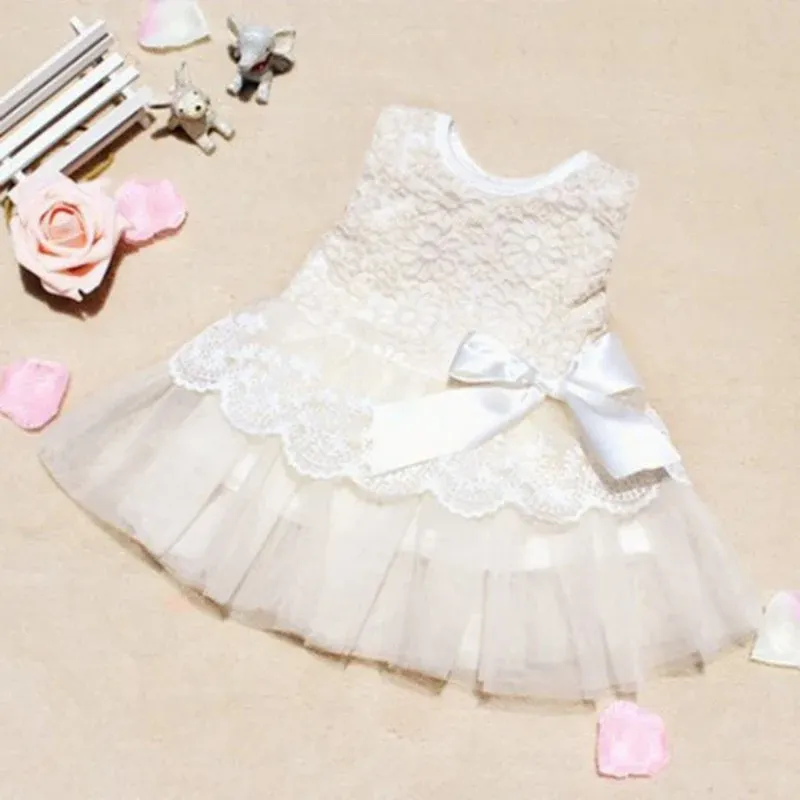 Kleider Baby Girls Prinzessin Kleid ärmellose Spitzenkleid Häkelkinder mit Bogengürtel Party Geschenkkleider Sommerkinder Kinder Kleidung