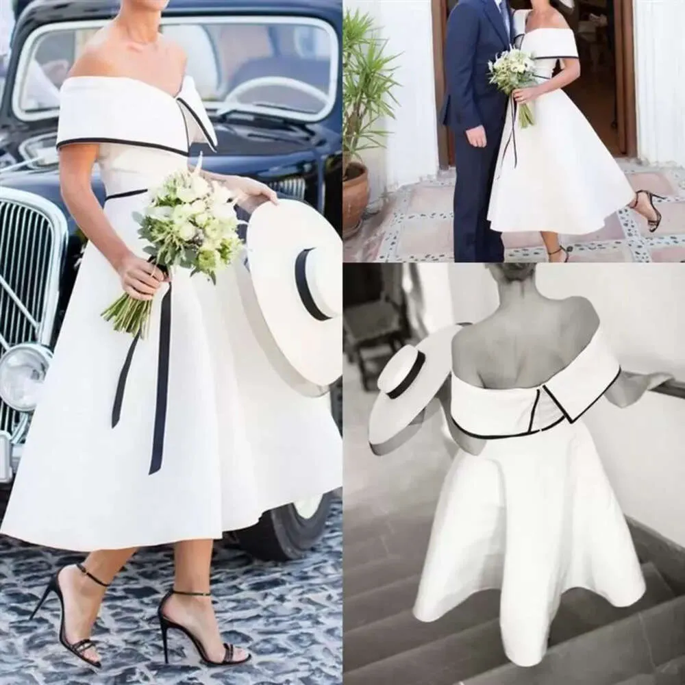 Trouwjurken Jurk Vintage Bridal van de schouder een lijn satijnen thee lengte ruches plooien op maat gemaakte plus size vestidos de novia