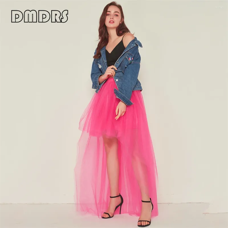 Skirts High Low Tulle Long Skirt Party Train Adjustable Waist Plus Tutu For Women In Stock Colorful Prom Dress