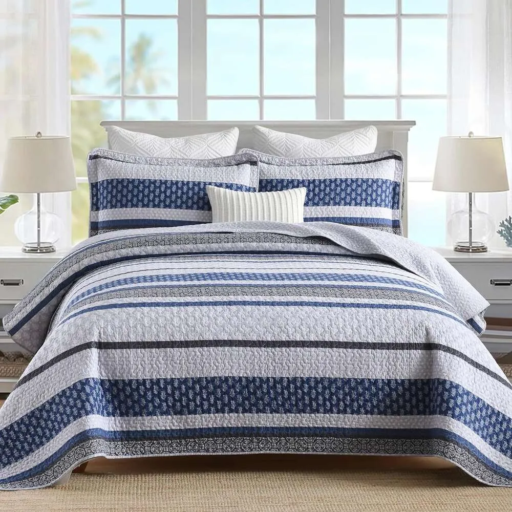 Blauwe en witte gestreepte king quilt beddengoed set - boerderij plaid gestreepte ontwerp - lichtgewicht katoenen dekbed - king size spread set