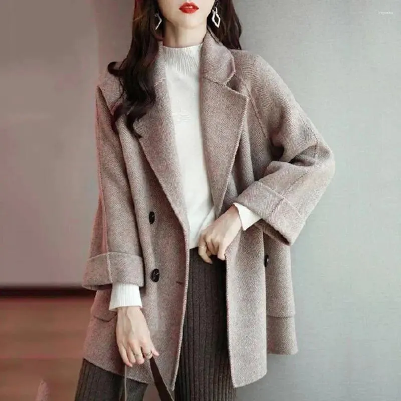 Women's Jackets Cardigan Coat Elegant Woolen With Turn-down Collar Mid-length Design Solid Color Stylish Outerwear For Autumn