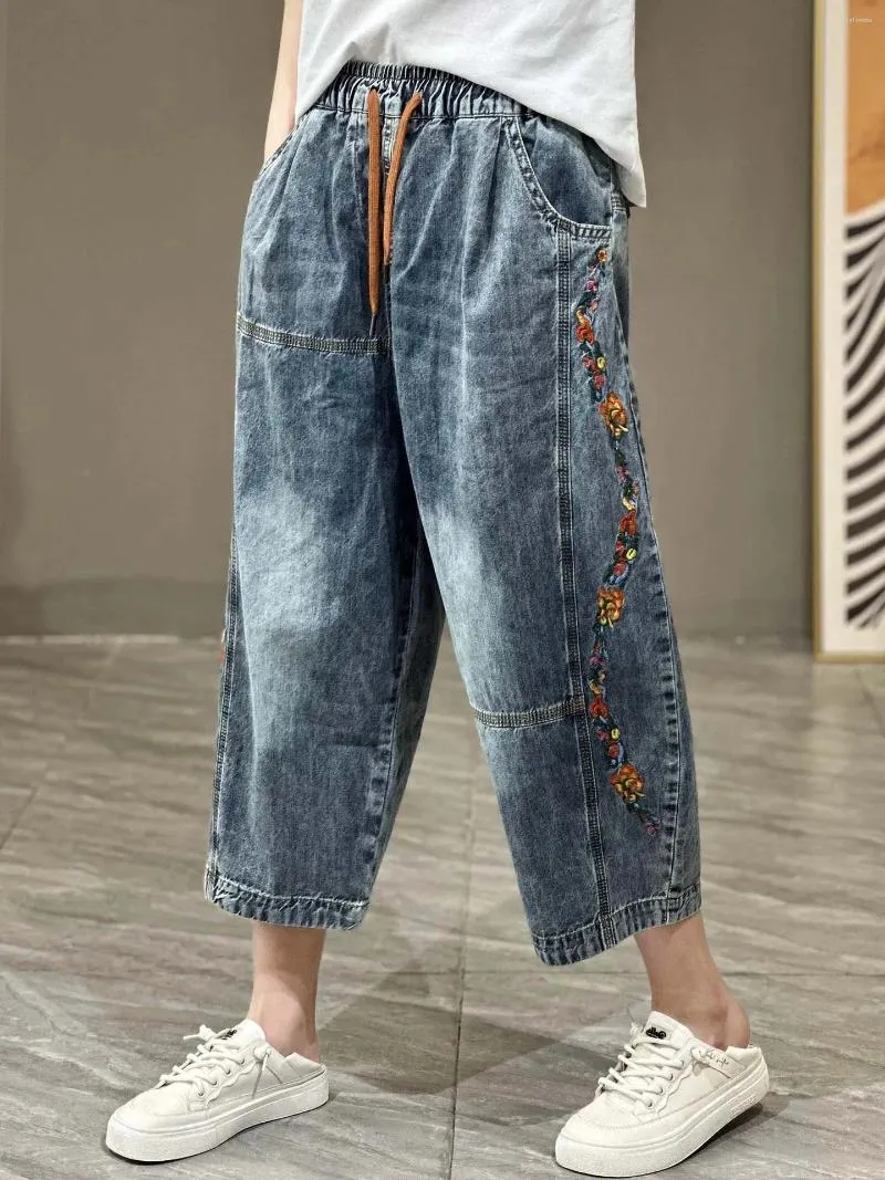 Women's Jeans Summer Indie Folk Floral Embroidery Woman Bleached Spliced Loose Art Elastic Waist Calf-Length Pants