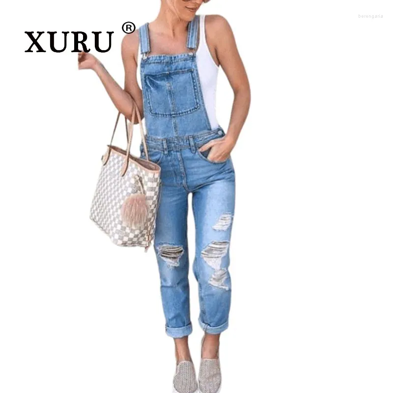 Les jeans féminins Xuru-Europe et les États-Unis Sous-suspendeurs bleu clair à saut à double bandoulière Broken K34-888
