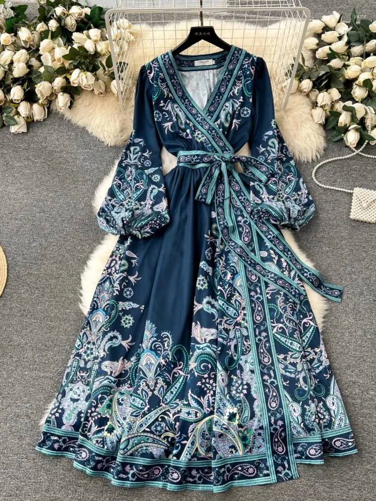 Casual Dresses Spring French Vintage Party Dress Women One Piece Bandage Tryckt Floral Female Elegant V-ringen Long Robe Vestidos X846