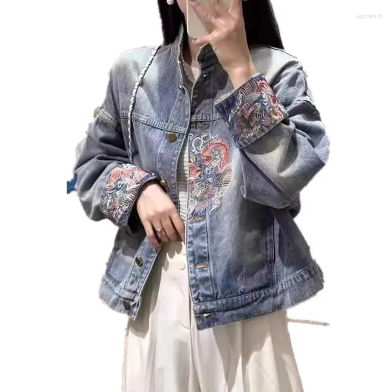 レディースジャケット春秋の短いデニムコート女性ヴィンテージスタンドカラーチャイニーズスタイルの刺繍ジーンズジャケットルースメスアウターT175