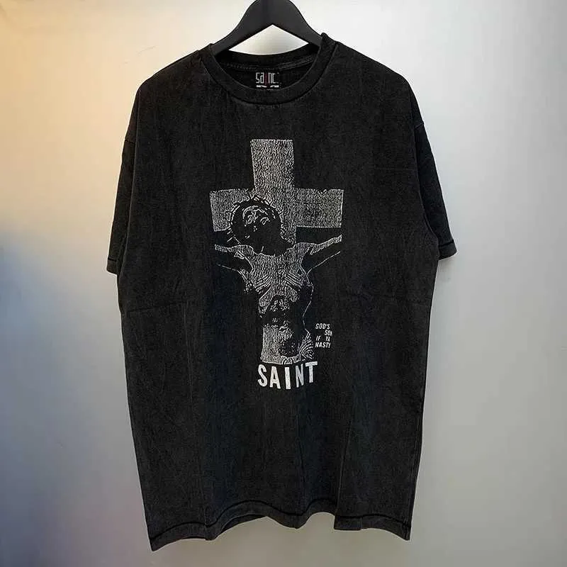 T-shirts Vintage Wash Black Saint Michael T Shirts Men Woman Hoge kwaliteit Saint Cross Letter Patroon O-Neck losse geliefden Top T-stukken J240506