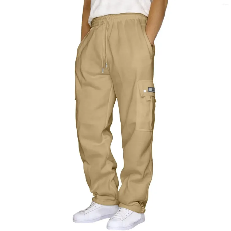 Men's Pants Men Cargo Multi Pockets Work Trousers Drawstrings Loose Waist Solid Color Straight Sweatpants Outwear Male