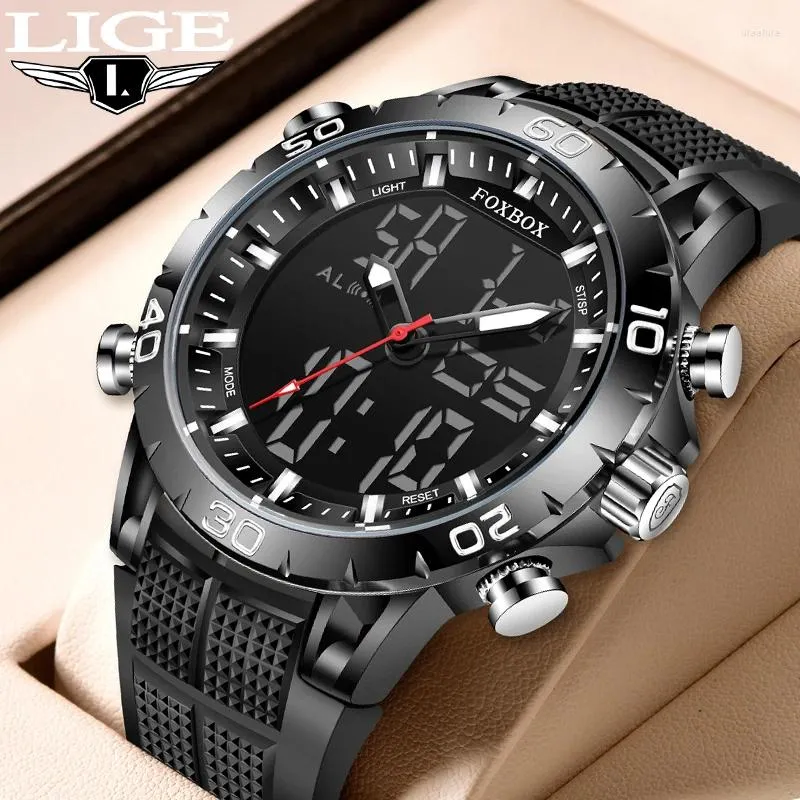 Armbanduhr Lige Sport Watch für Männer Luxus Dual Display 50m wasserdichte Quarz Uhr Uhr Chronograph Digital Wecker Militärmaschine Armbanduhr