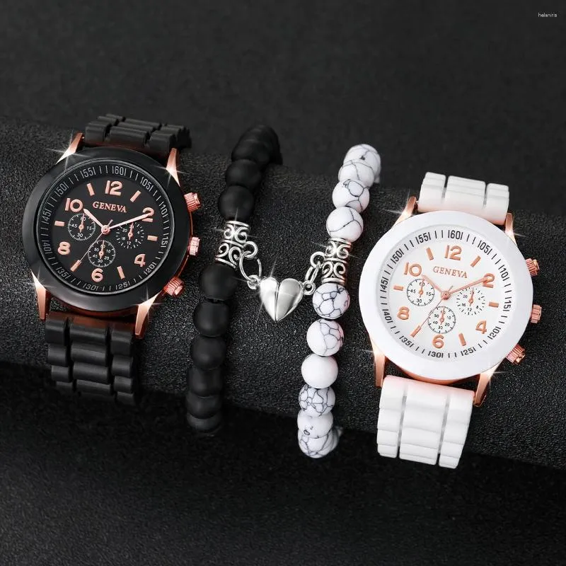 Нарученные часы 4PCS/SET FADAY Пара Силиконовые кварцевые часы с браслет Beads Lover