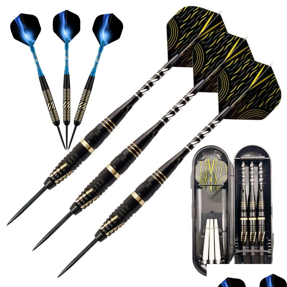 Darts Professional Hard 24G Brass Barrel Steel Pointed Aluminum Carved Spindle Pet Flight 3 Piece Box House Friends Party Toys Drop D Dh0We