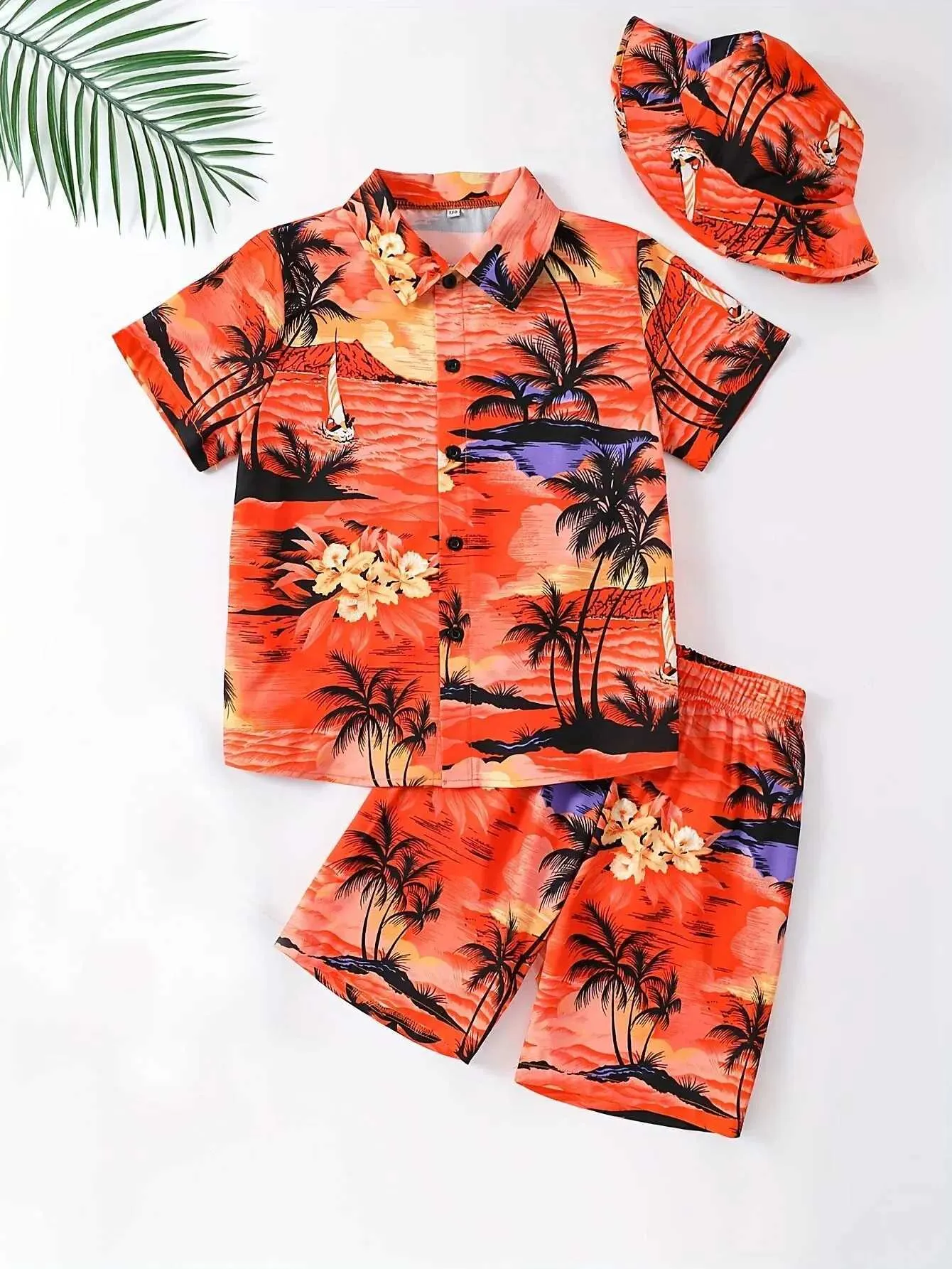 의류 세트 여름 어린이 패션 하와이 휴일 바람 코코넛 프린트 짧은 소매 꽃 셔츠 반바지 같은 컬러 모자 3 피스 세트 2405