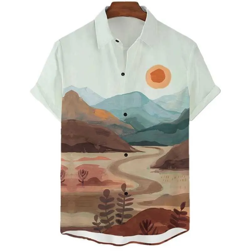 Chemises décontractées pour hommes HARAJUKU PAYS NATURELLE 3D Shirts imprimés pour hommes vêtements Sunset Hills Blans graphiques Desert River Y2K Short Slve Beach Shirts Y240506