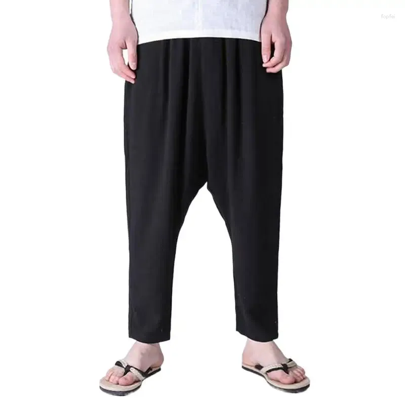 Calça masculina linho de algodão verão na cintura solta lazer sólido cor de luto de tamanho grande m-6xl masculino casual