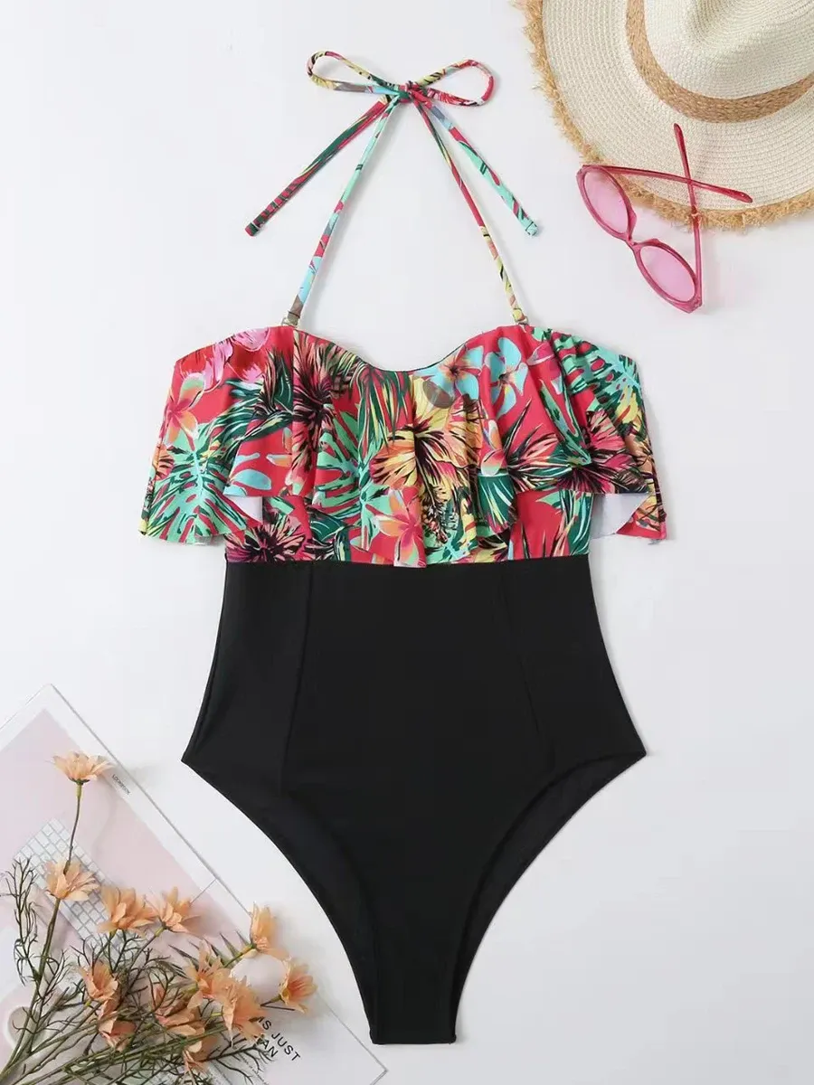 Costumes 2023 Halter One Piece Swobsuit Swuffle Swimwear Women Tropical Imprimé Bathing Feme Female Summer Bodys de la plage Summer