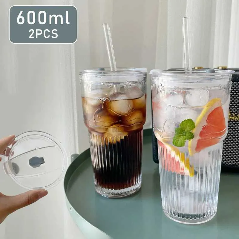 Tumblers 2 600 мл прямоугольные стеклянные чашки с крышкой и прозрачным питьем соломы, используемые для кофейного напитка для кофейного сока сока H240506