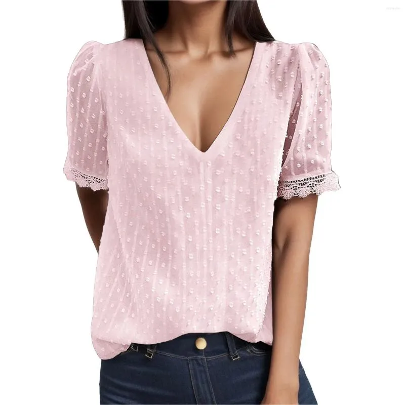 Blouses de femmes chemises à manches courtes solides Lady Deep V-col