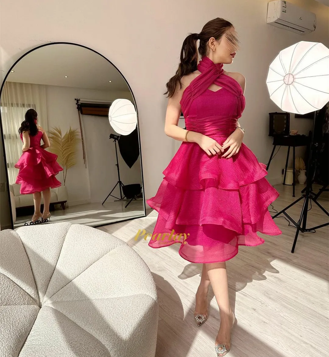 Save Big on Bulk Fuchsia Tea Length Dresses Vintage Short Fuchsia Organza  Evening Dresses With Ruffles A Line Halter Tiered Tea Length Formal  Occasion