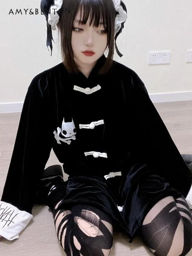 Damesjassen Originele Chinese stijl Punk Velvet Coat Women Harajuku geborduurd Y2K Goth zachte losse herfstpaar's kleding