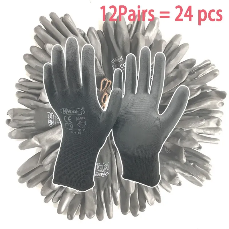 Luvas NmsAfety 24Pieces/12 pares Segurança Luvas de trabalho Black Pu Nylon Cotton Glove Luvas de proteção industrial