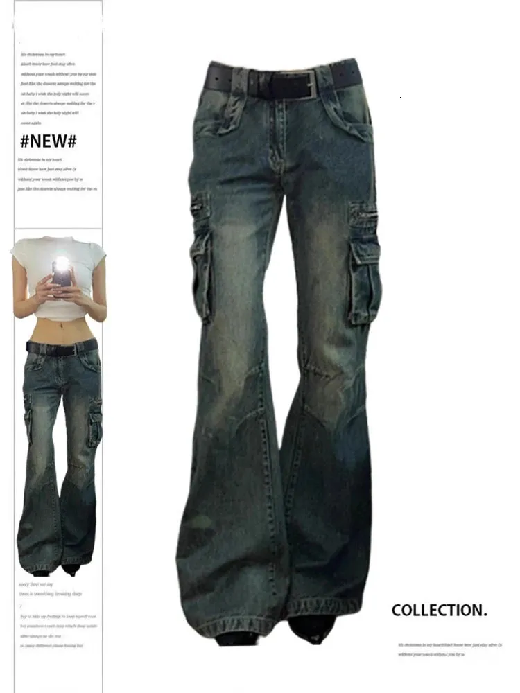 Kommersiella byxor för kvinnor koreanska mode stora fickor Kvinnor Flash Pants Spring/Summer 2024 Casual Mop Denim Loose Jeans Trousers 240426