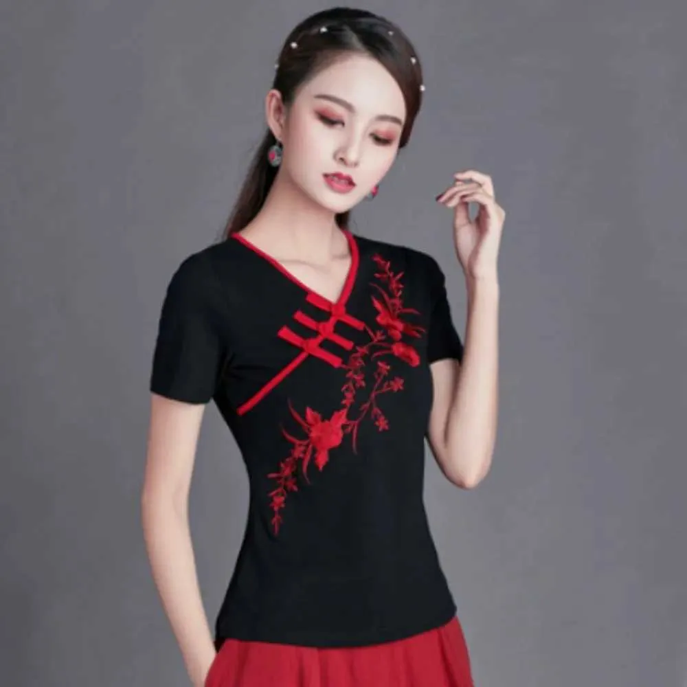 Women's T-Shirt Fashionable Leisure Elegant Summer Embroidered Ethnic Style Womens T-shirt Y2k Top Retro Womens ClothingL2405