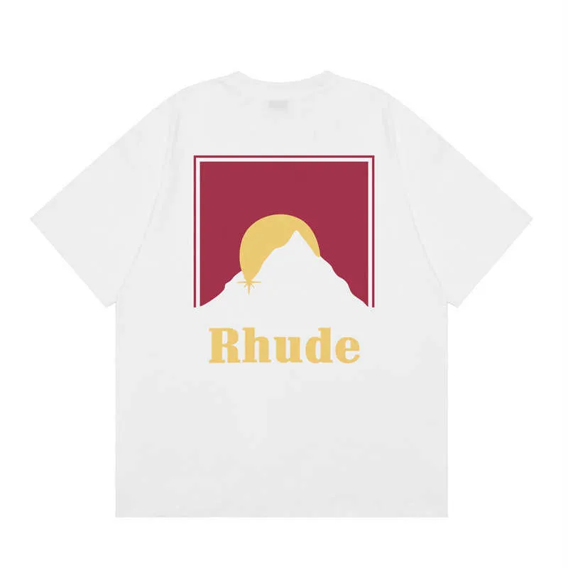 T-shirts de haute qualité Rhuder Designer T-shirts High Street Trendy Marque Simple Stroke Sunset Letter Imprimé Casual Loose Short Tshirt Unisexe avec un logo 1: 1