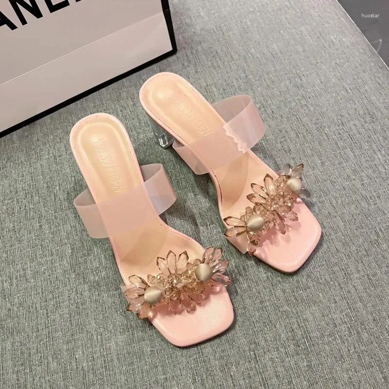 Tofflor 2024 Summer Transparenta Women Fashion Open Toe Crystal Wedges High Heels Kvinnliga glider Flower Sandals för kvinnor