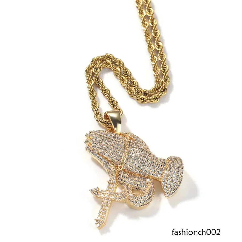 Iced Out CZ Diamond Prayer Hands Pendants Collier Gold Sier plaqué avec une chaîne de tennis Vintage Hip Hop Jewelry Gift