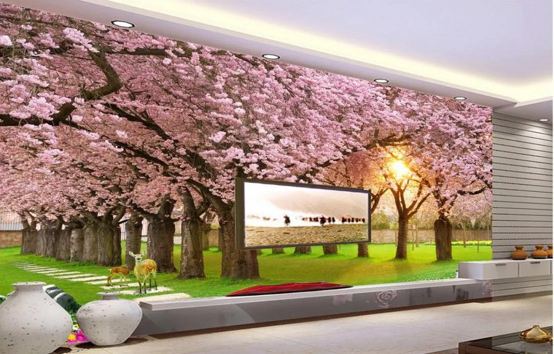 Cherry Blossom Grass Mural Mural TV Mural 3D Fond d'écran 3D Papiers muraux pour TV Backdrop3686959