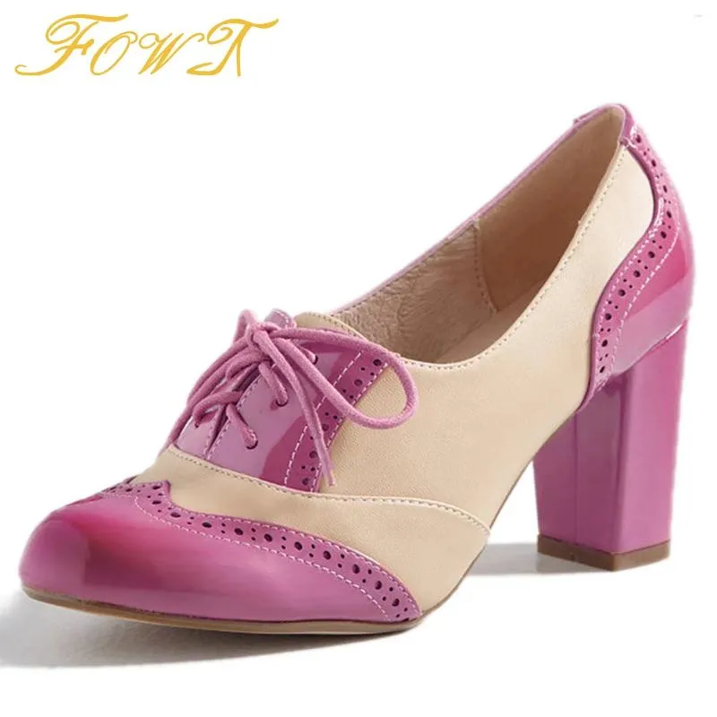 Kleding schoenen roze luxe oxfords dames hoge dikke hakken octrooi leer elegante amandel teen veter girls werk bunises size fowt 39 40