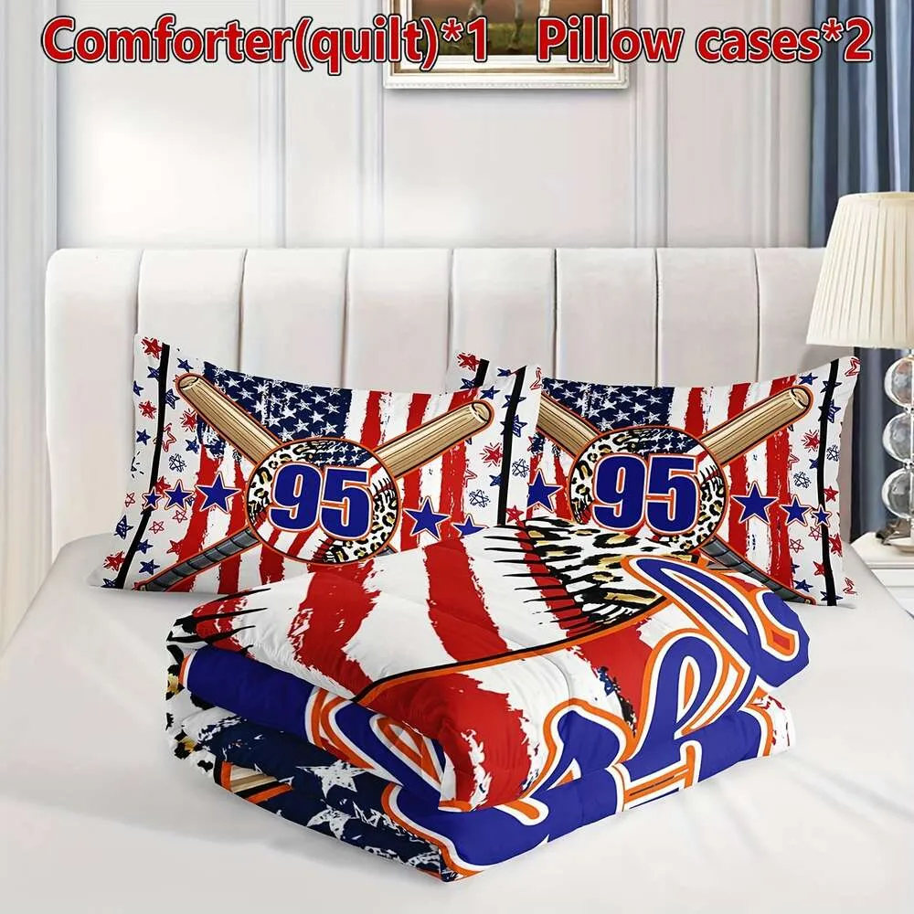 Couverture de couette American Flag Baseball pour garçons filles, couettes de baseball dans des ensembles de literie avec 1 couette et 2 taies d'oreiller toute la saison