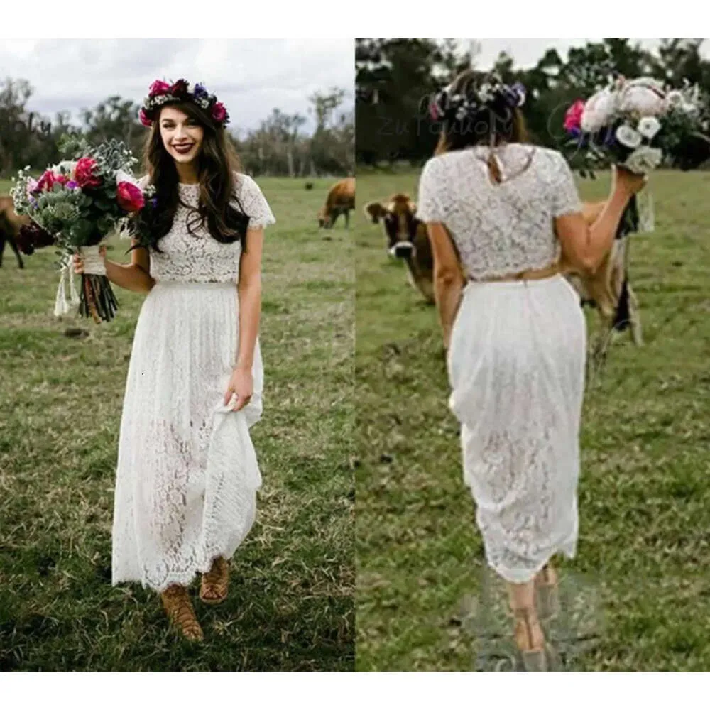 Wedding Dresses Gown Lace Bridal Two Piece Short Sleeves Jewel Neck Ankle Length Custom Made Plus Size Garden Country Vestidos De Novia