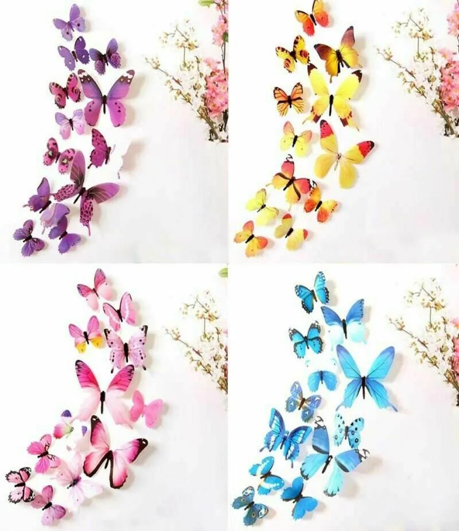 12pcs 3d décalage papillons colorés autocollants muraux décoration de chambre à domicile enfants diy8060378